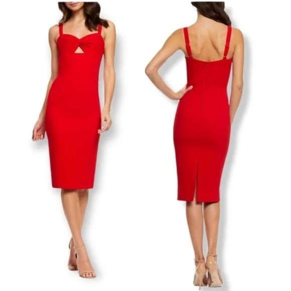 Dress the population Eve sweetheart twist front sleveless red midi dress - Picture 1 of 12